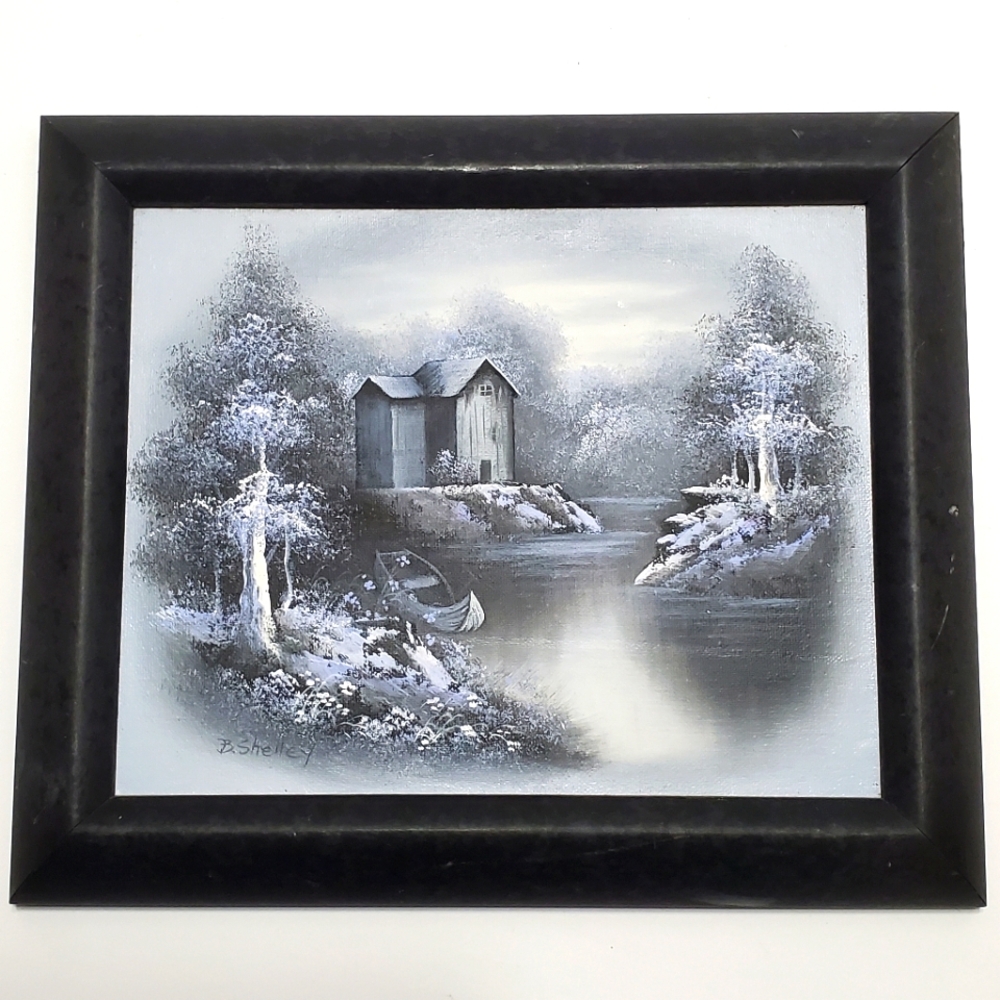 Original Oil Painting Gray Scale Landscape Barn & Pond Artist: B. Shelley